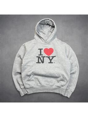 I Love NY Hoodie Small Grey Classic Pullover Vintage Y2K